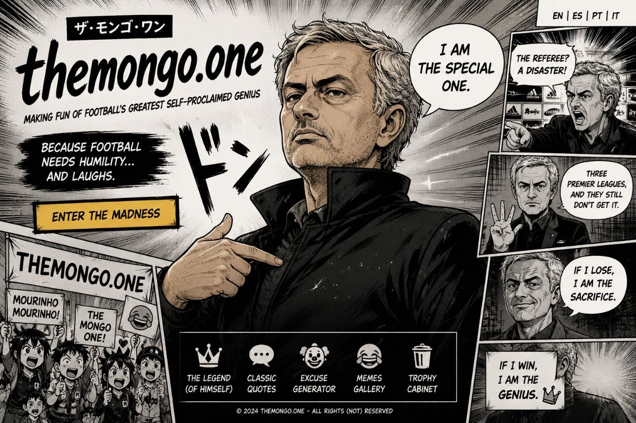 Manga-style illustration of a proud football manager with raised coat collar and gesturing hand